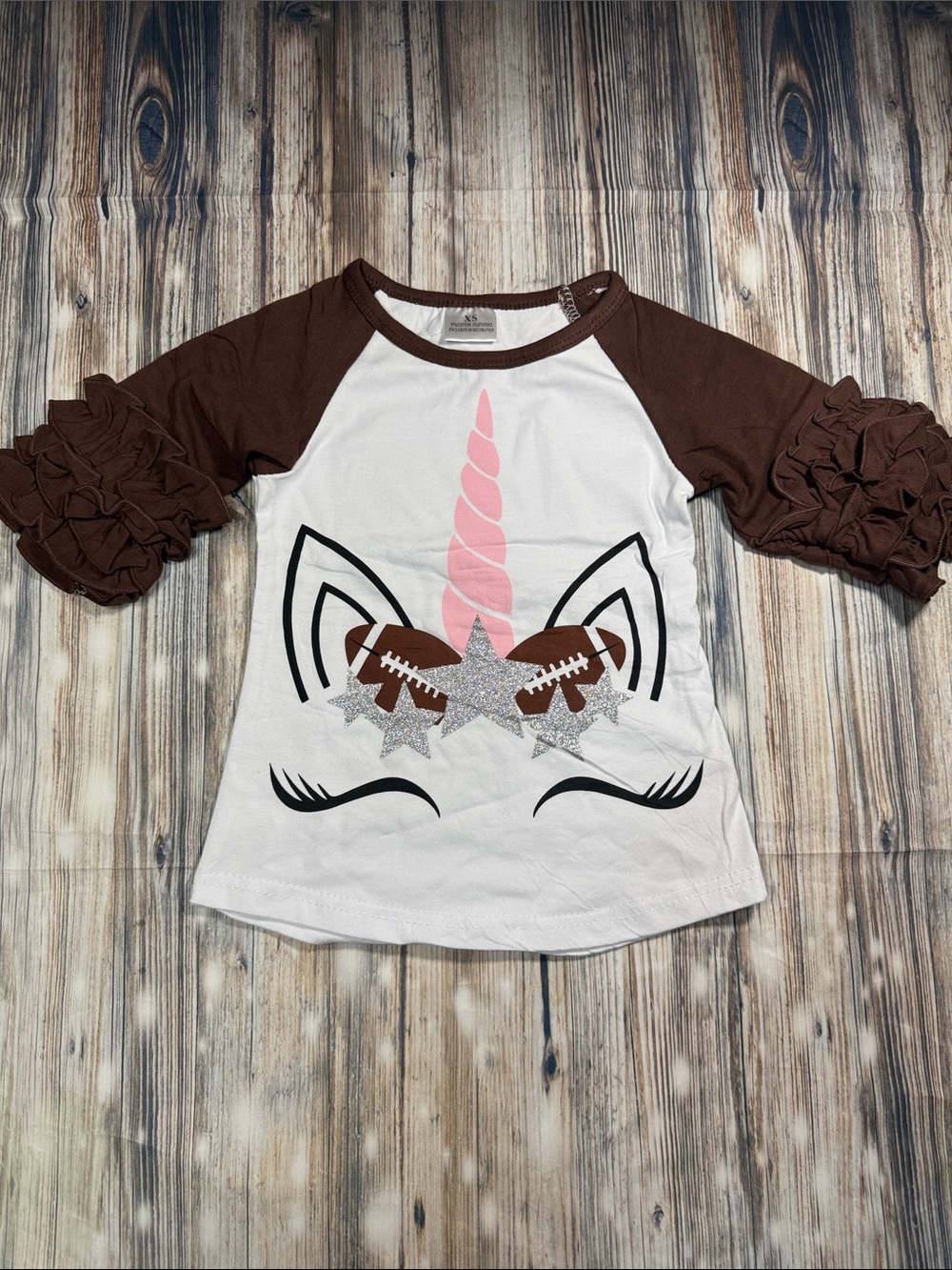 Warehouse White & Brown Unicorn Football Ruffle-Sleeve Tee size XS